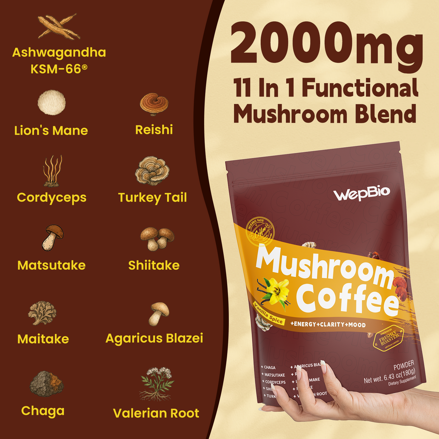 Wepbio 11 in 1 Instant Mushroom Coffee-vanilla