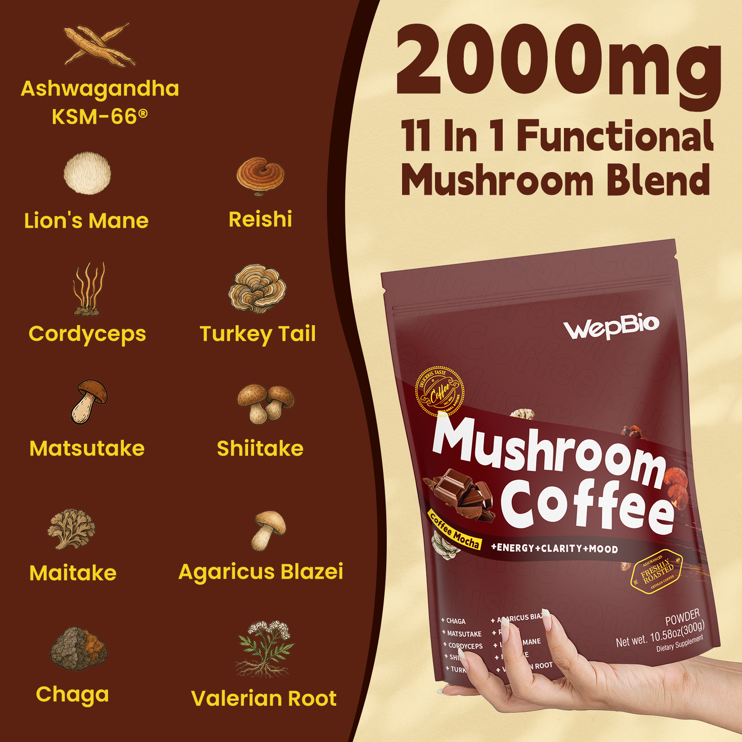 Wepbio 11 in 1 Instant Mushroom Coffee-Mocha