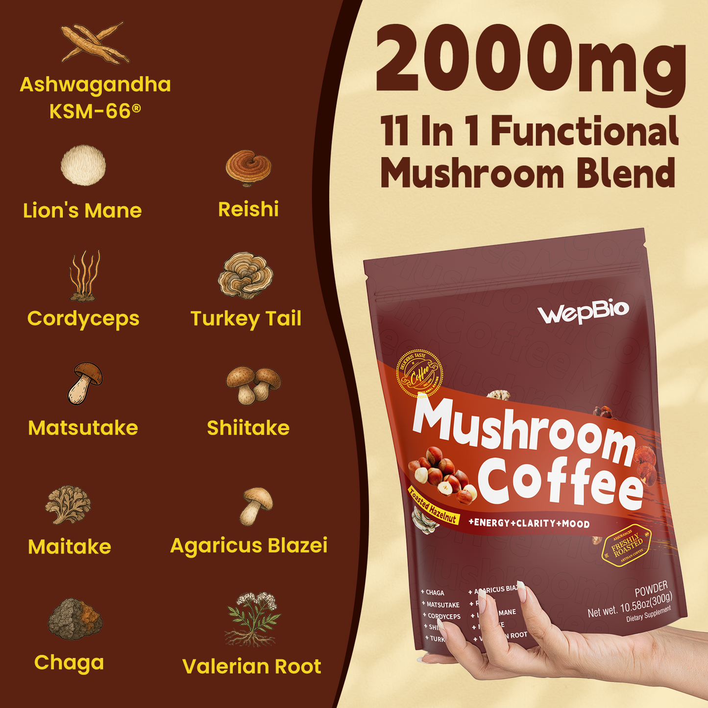 Wepbio 11 in 1 Instant Mushroom Coffee-Hazelnut