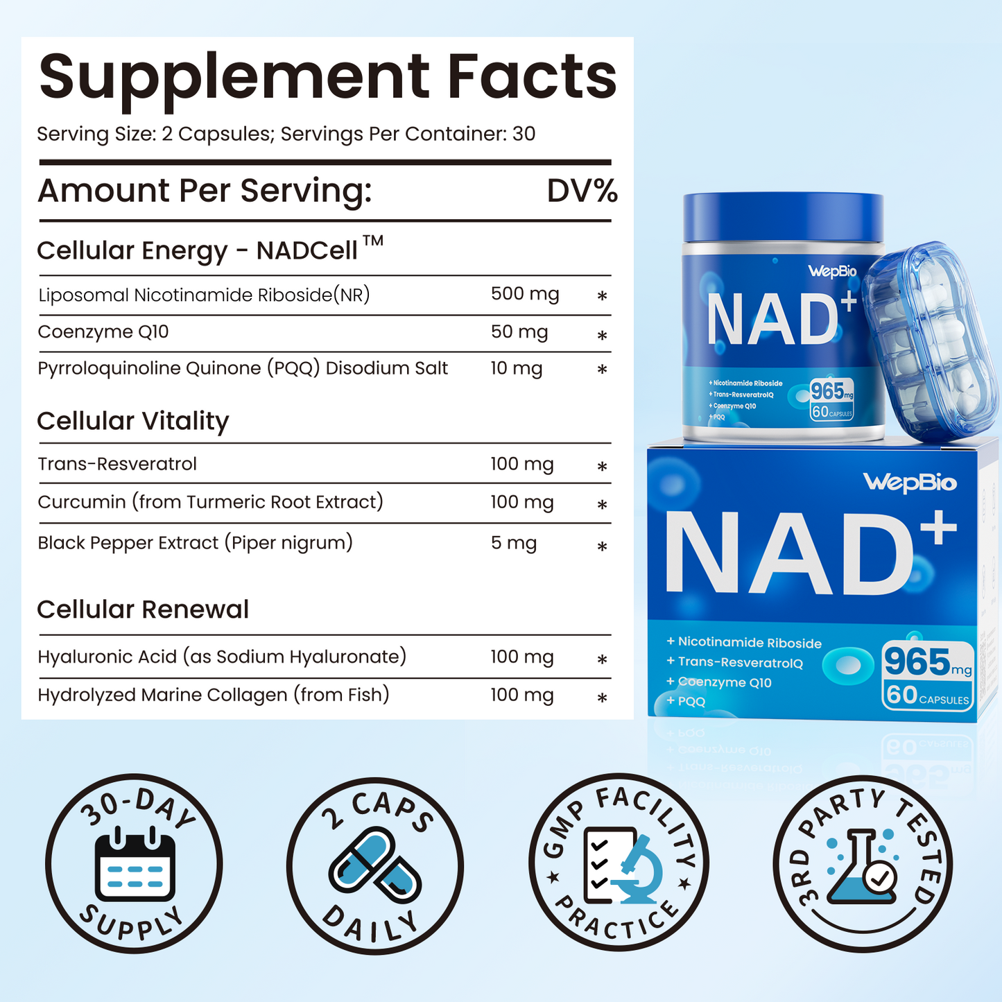 WepBio NAD Supplement for Women and Men, Supports Cellular Energy, Vitality & Healthy Aging
