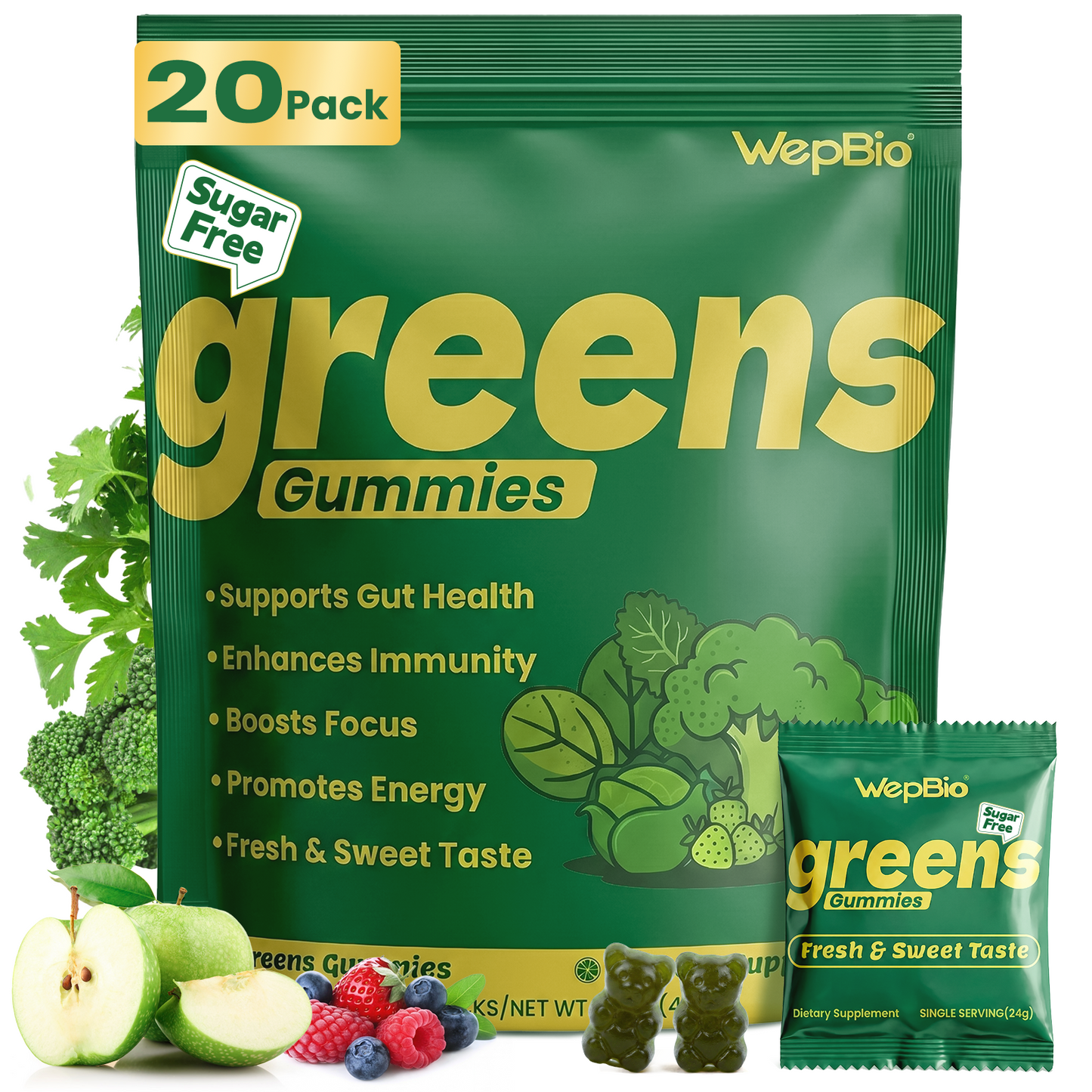Daily Greens Gummies for Women and Men, 160 Count | Superfood Multivitamin Gummy for Gut Health