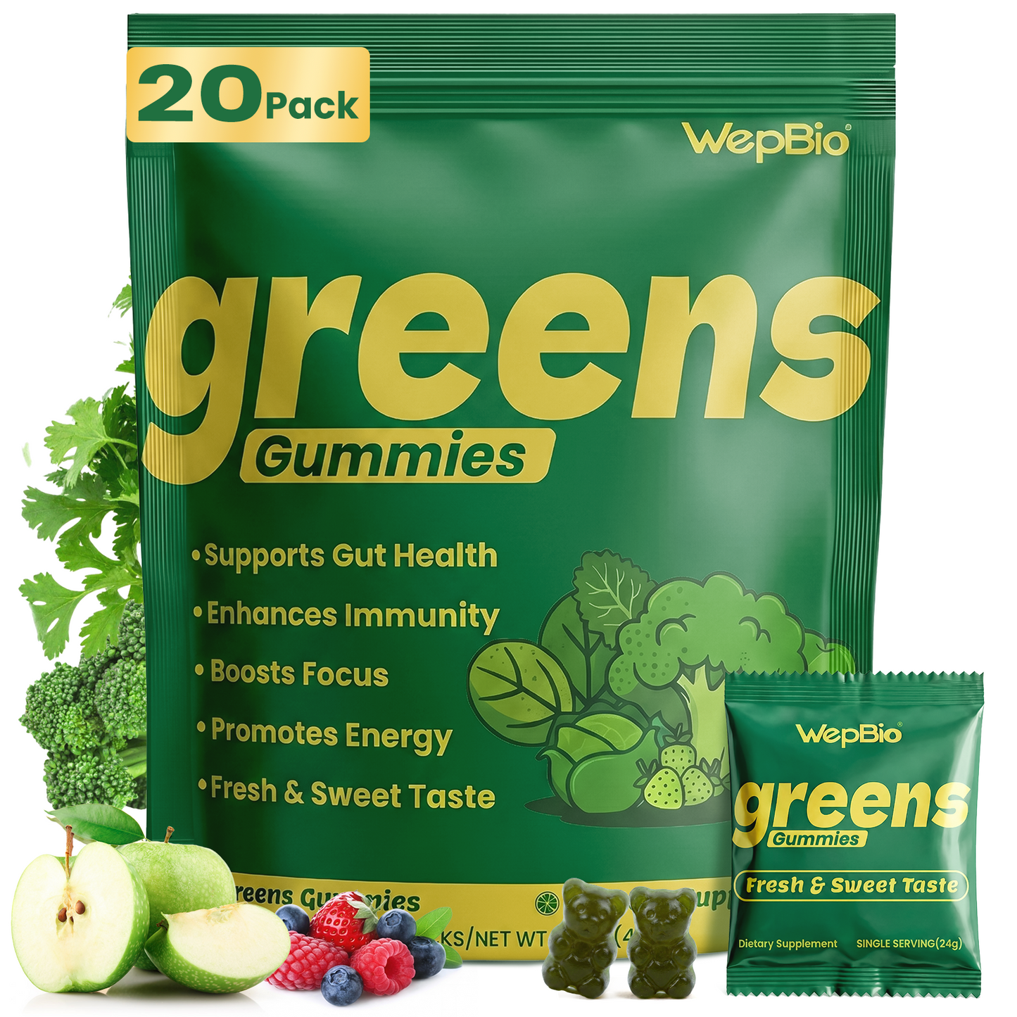 Daily Greens Gummies for Women and Men, 160 Count | Superfood Multivitamin Gummy for Gut Health and Immune Support, with Vitamins, Minerals, Adaptogens, Prebiotic Fiber