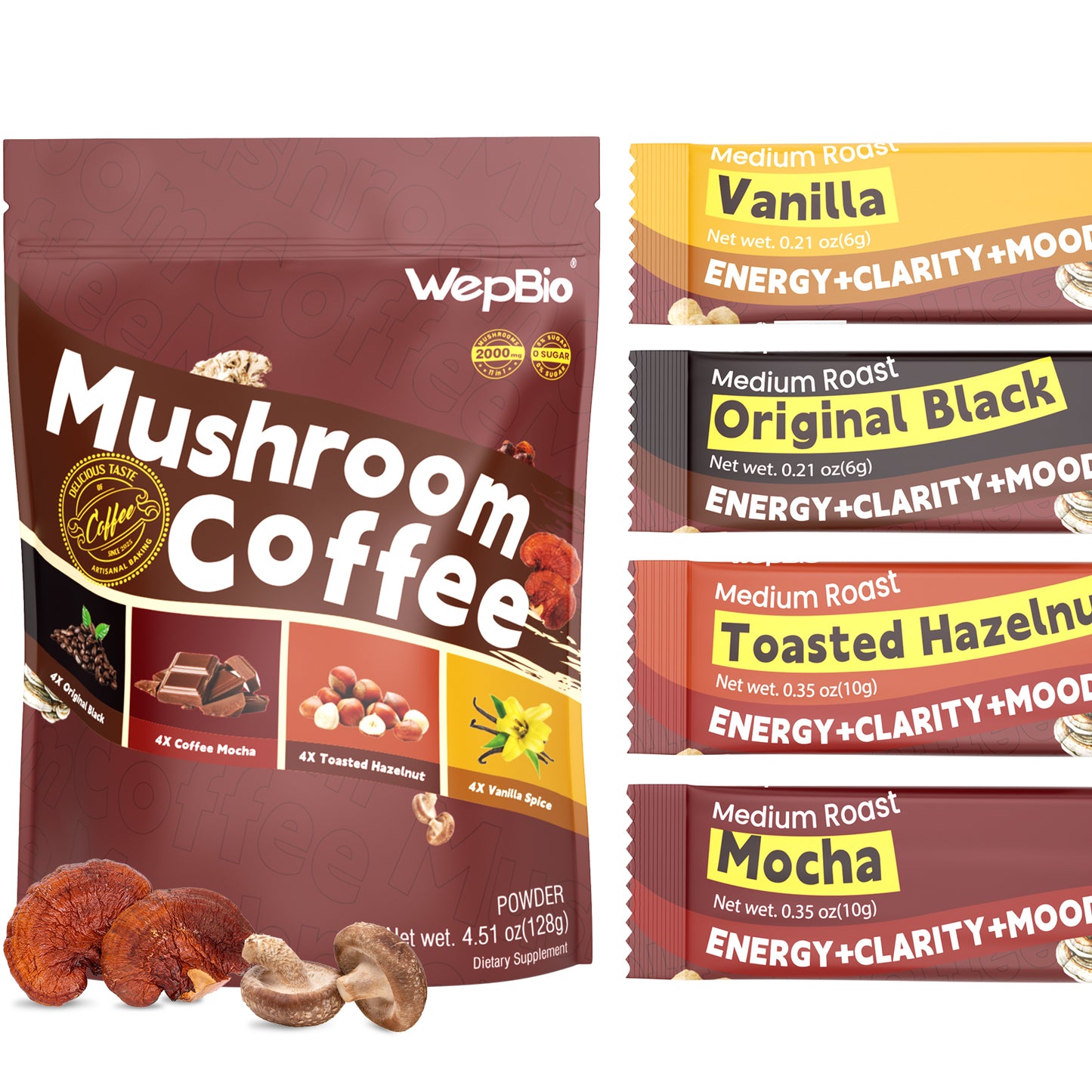 Wepbio 11 in 1 Instant  Mushroom Coffee-Variety Pack-16 Sticks