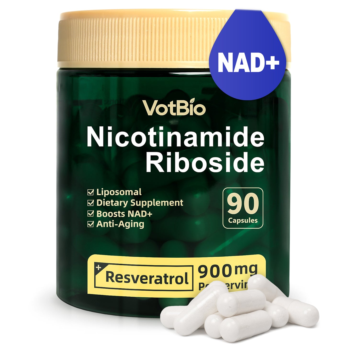 Liposomal NAD+ Supplement, Nicotinamide Riboside with Resveratrol 900mg for Women and Men, High Purity NAD Booster Supplement for Energy & Healthy Aging - 90 Capsules
