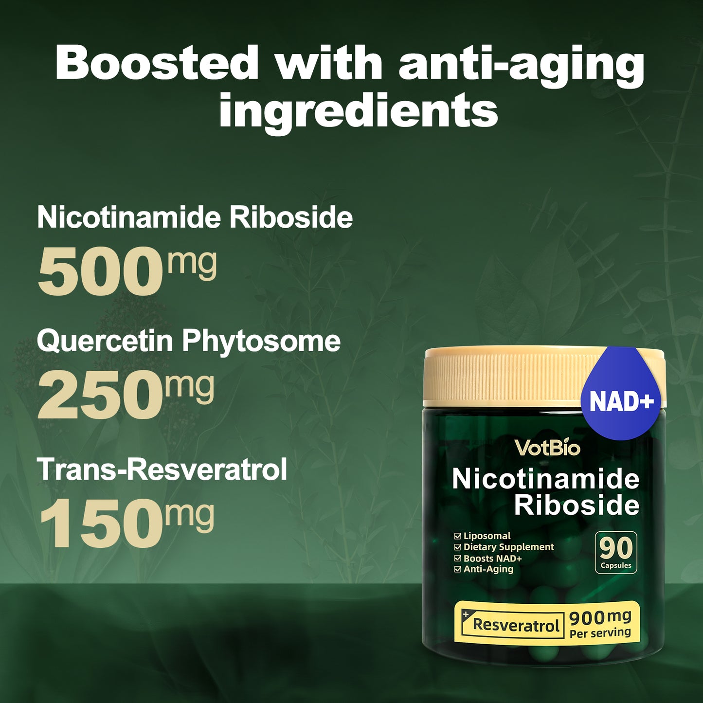 Liposomal NAD+ Supplement, Nicotinamide Riboside with Resveratrol 900mg for Women and Men, High Purity NAD Booster Supplement for Energy & Healthy Aging - 90 Capsules