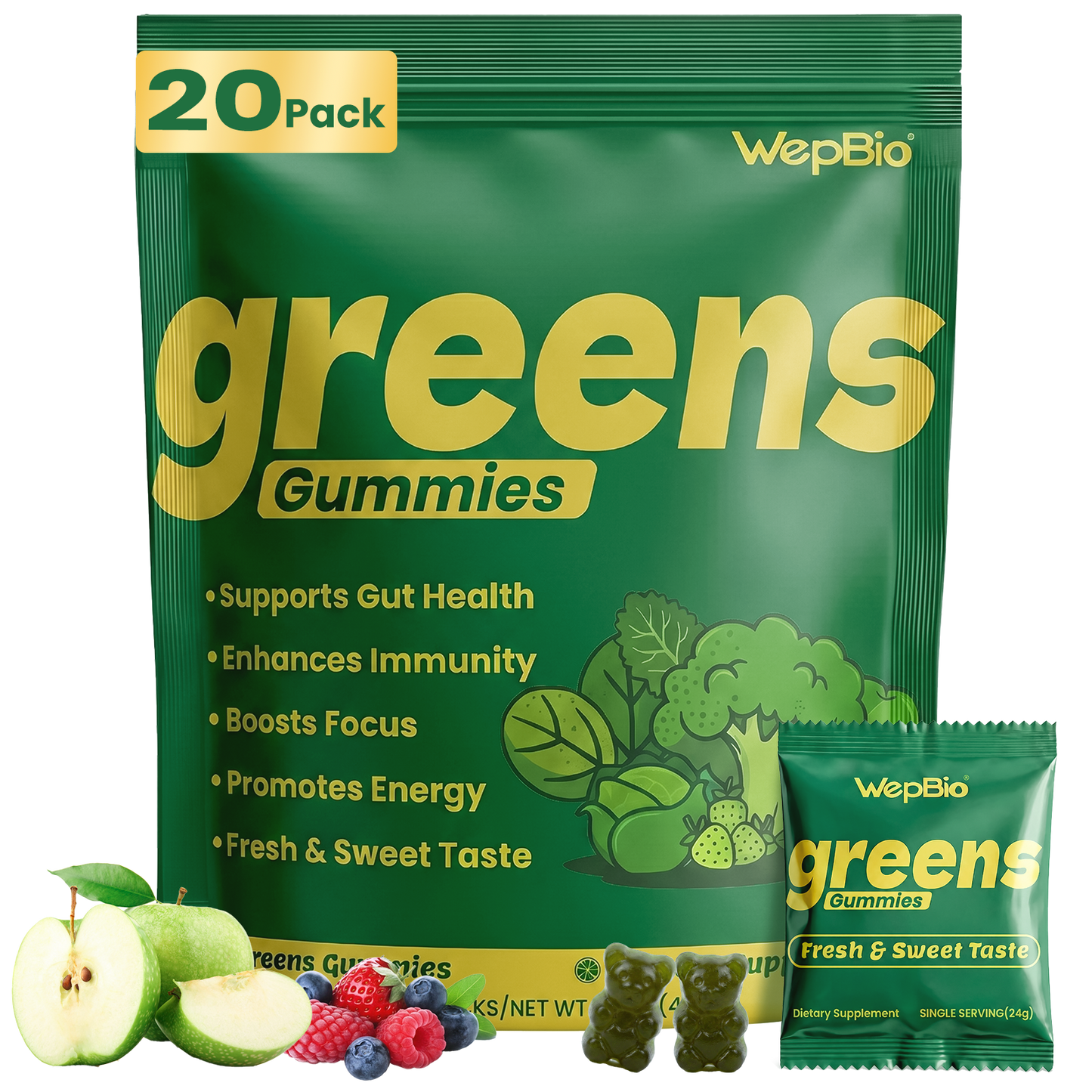Daily Greens Gummies for Women and Men, 160 Count | Superfood Multivitamin Gummy for Gut Health